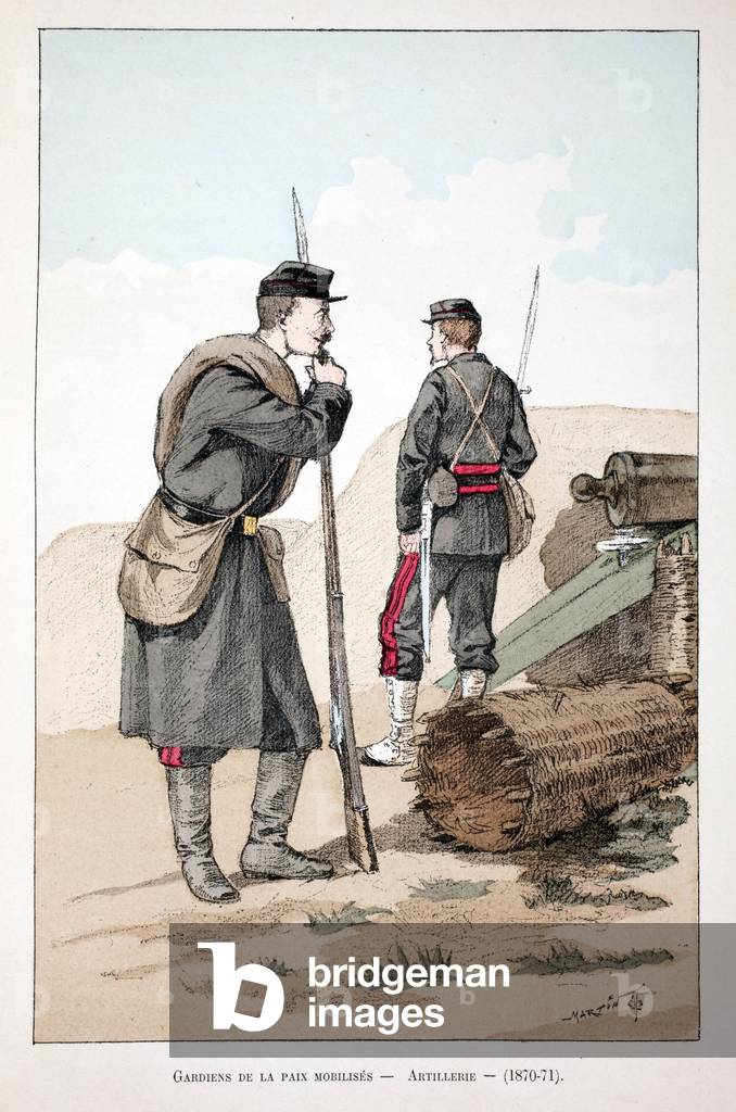 Mobilized peacekeepers (1870-1871). Eau forte en couleurs, pour illustration “” Histoire du corps des gardiens de la paix””” book published under the auspices of Louis Lepine (1846-1933) prefet de police de la Seine, by Alfred Rey (1864-?) and Louis Feron (1862-?) , edition Firmin Didot et Cie, 1896, Paris.