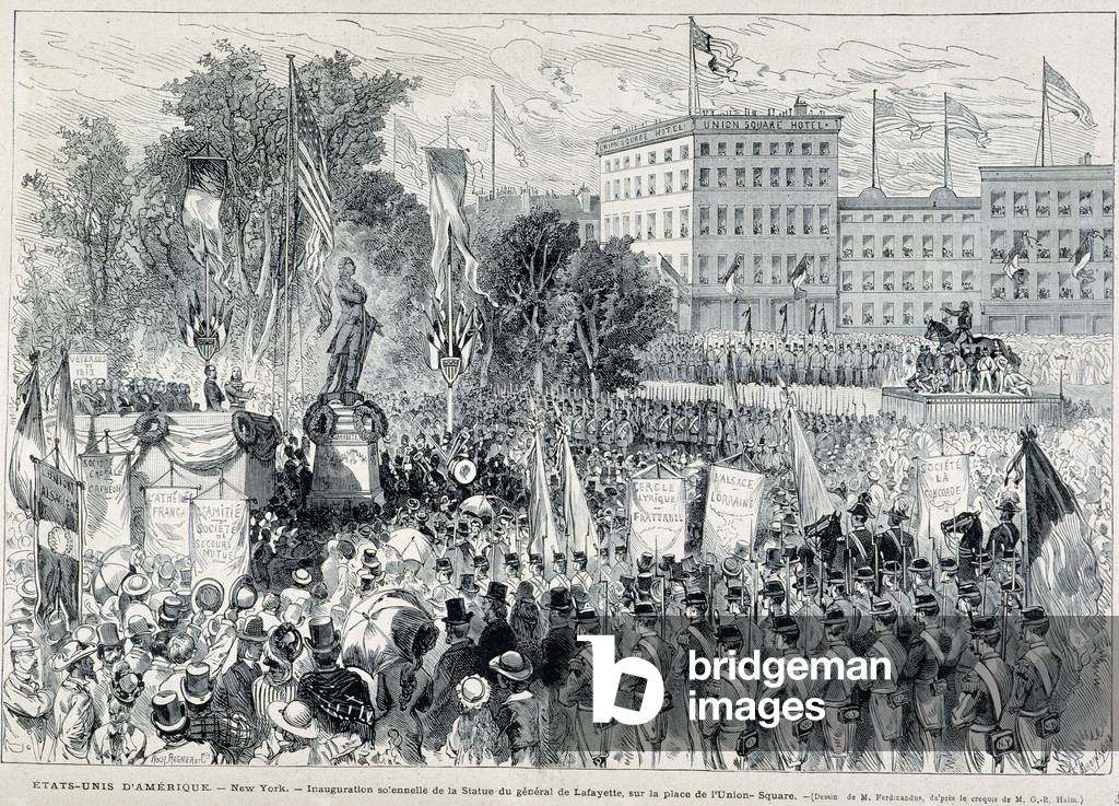 USA: Solemn inauguration of the statue of General La Fayette (Lafayette) - in “” Le Monde illustré”” of July 1886
