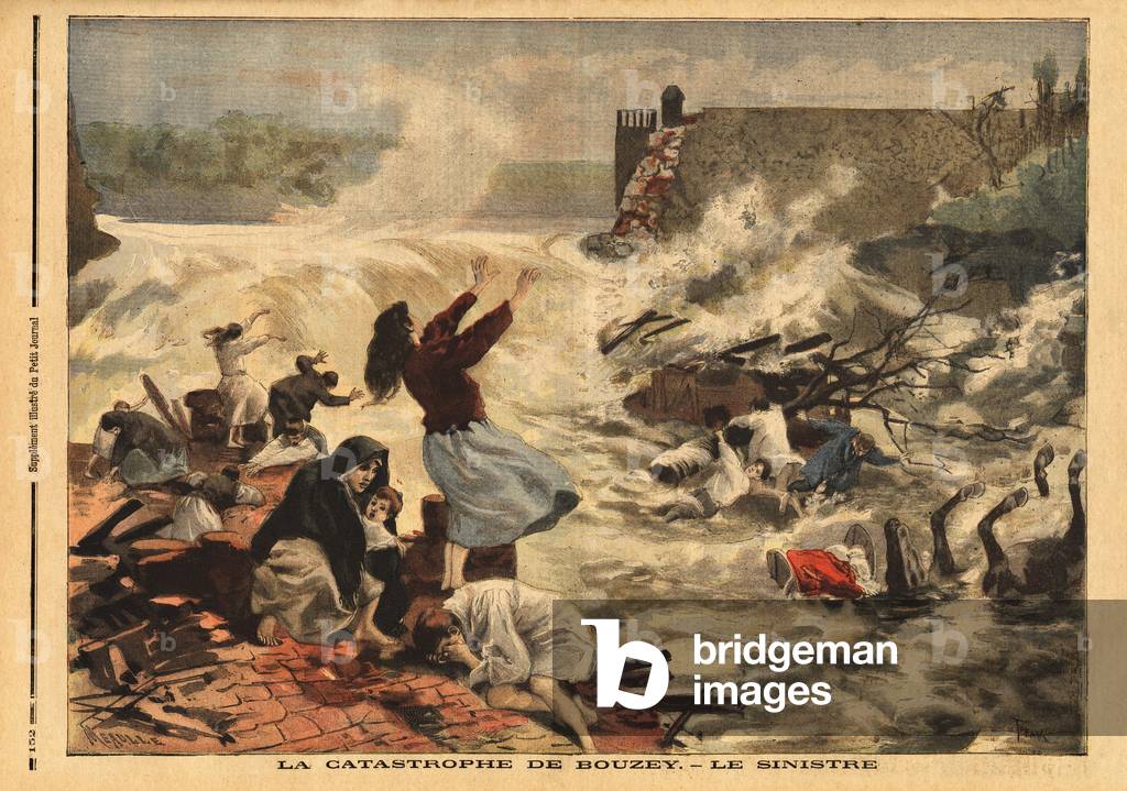 The Bouzey disaster, (Vosges), the dam of the reservoir of Epinal broke, pouring 7 million cubic metres of water. Engraving in “” Le petit journal”” 12/05/1895. Selva's collection.