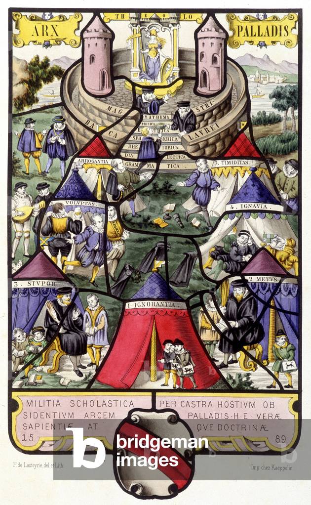 Allegory of the university. Fac simile d'un stained glass from the Middle Ages in “Histoire de la peinture sur verre”” by Ferdinand de Lasteyrie, 1853 (print)