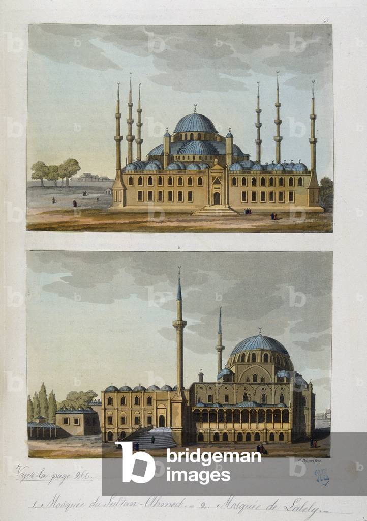 Ottoman Empire: Blue Mosquee (or Sultanahmet Camii) built by Sultan Ahmet (Ahmed) I and Mosquee of Laleli in Istanbul - in “” The ancient and modern costume””” by Ferrario, ed Milan, 1819-20