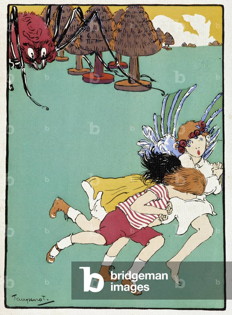 Children fleeing from a giant spider. In “” Lusotte and the stories we tell him”””. Drawing by M.J. Toupenot, 1917.