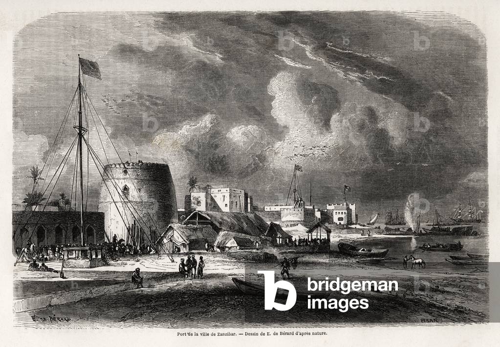 Port of the city of Zanzibar (present-day Tanzania), drawing by Evremond de Berard (1824-1881), to illustrate Captain Burton's voyage to the Great Lakes of East Africa in 1857-1859. Engraving in “” Le tour du monde, nouveau journal des voyages”” Paris, 1860. Selva's collection.