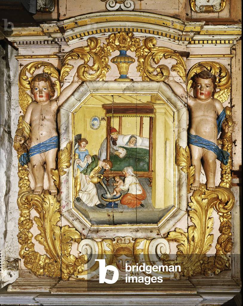 The birth of the virgin. Sculpture of the Church of Lampaul Guimiliau, late 17th century.