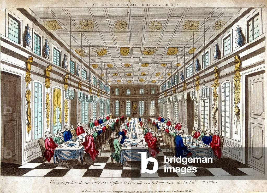 Perspective view of the Salle des Festins de Versailles in celebration of peace in 1763 between Great Britain, France and Spain.