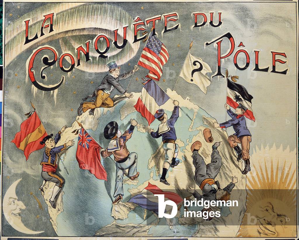 Conquest of the Pole: representation of the rivalry between different countries for the conquest of the North Pole. Representatives include Spain, the United States, England, Holland, France and Germany. Late 19th century