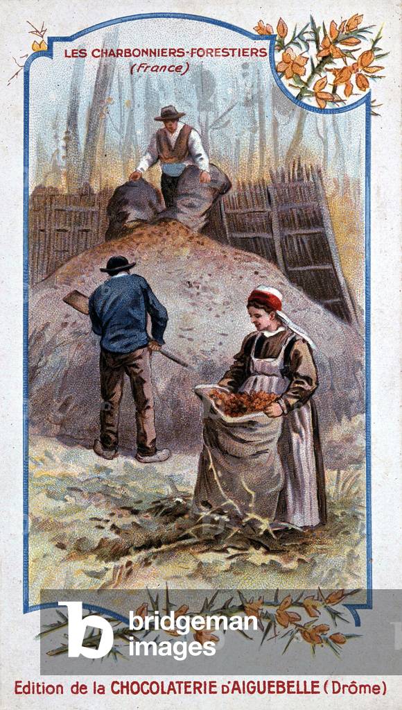 Charbonniers en forest - advertising for chocolaterie d'Aiguebelle (Drome). Chromolithography around 1905.
