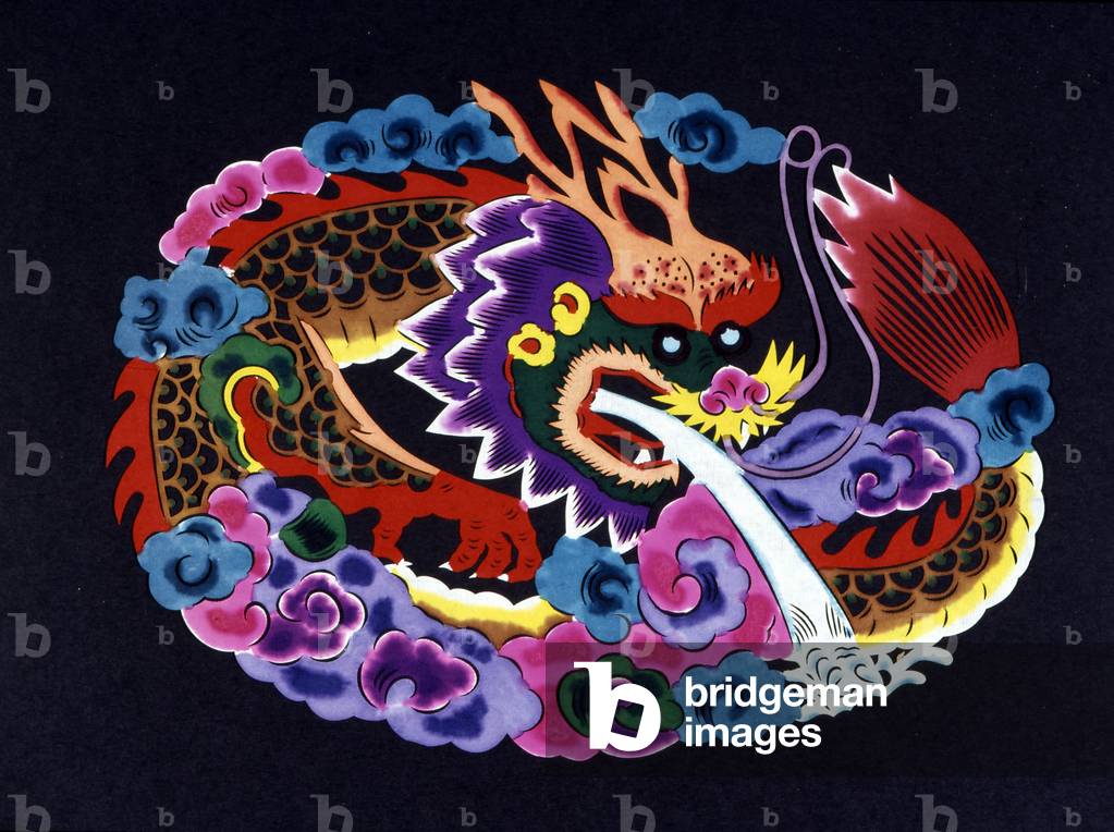 Image of Drawing depicting Chinese paper cut and colored with a dragon by Chinese Artist