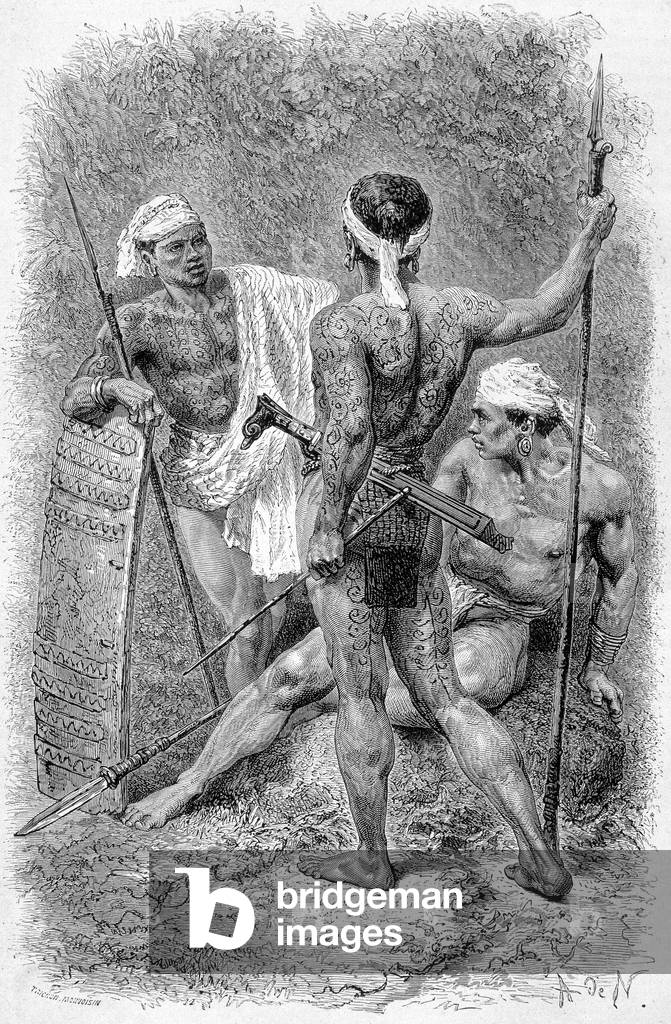 Illustration published in the edition of “Le Tour du monde” from 1870 - 1871 representing dyak warriors on the island of Borneo. Engraving.