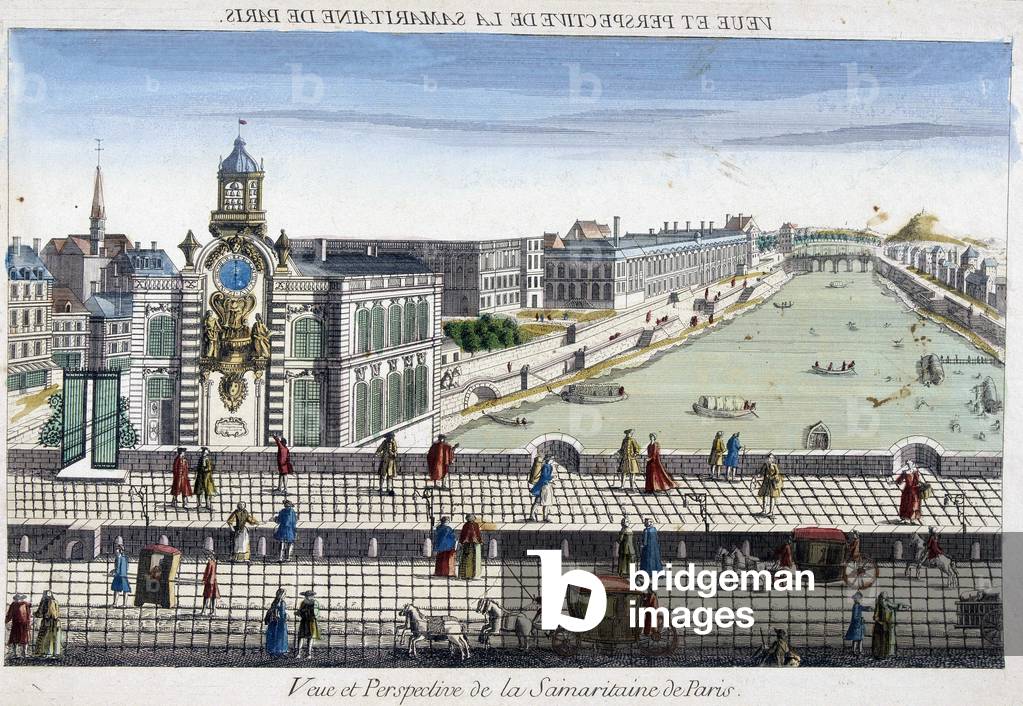 Bild von Gravur "La Samaritaine (Wasserpumpe) auf dem Pont Neuf in Paris - optische Ansicht" 1701 von French S