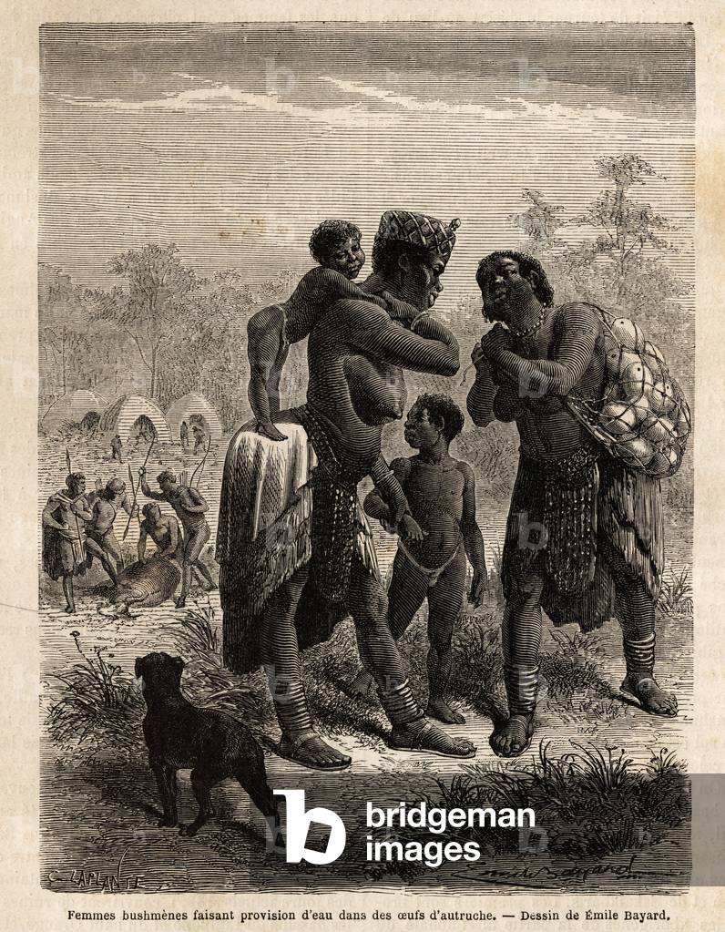 Bushmenes stocking water in ostrich eggs, accompanied by their children; in the background, seen from the village and men slaughtering an antelope. Engravure to illustrate Dr. Livingstone's first voyages to Southern Africa from 1840 to 1856, in “Le tour du monde, nouveau journal des voyages”” published under the direction of Edouard Charton, 1866, Paris. Selva Collection.