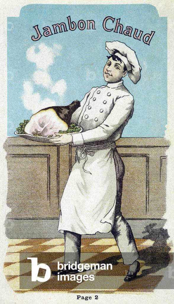 Young cook wearing a hot ham, early 20th century