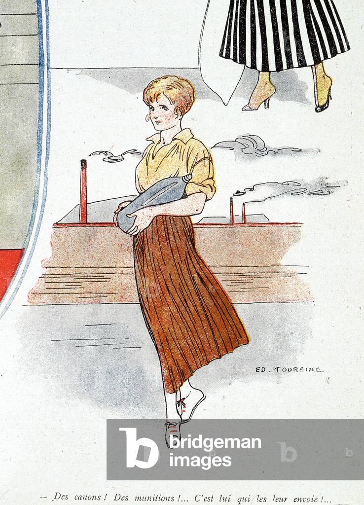 Woman making ammunition for the war 1914-1918. “Trucks! ammunition! He sends them!” In “Bayonet”, on 25/11/1915 (engraving)