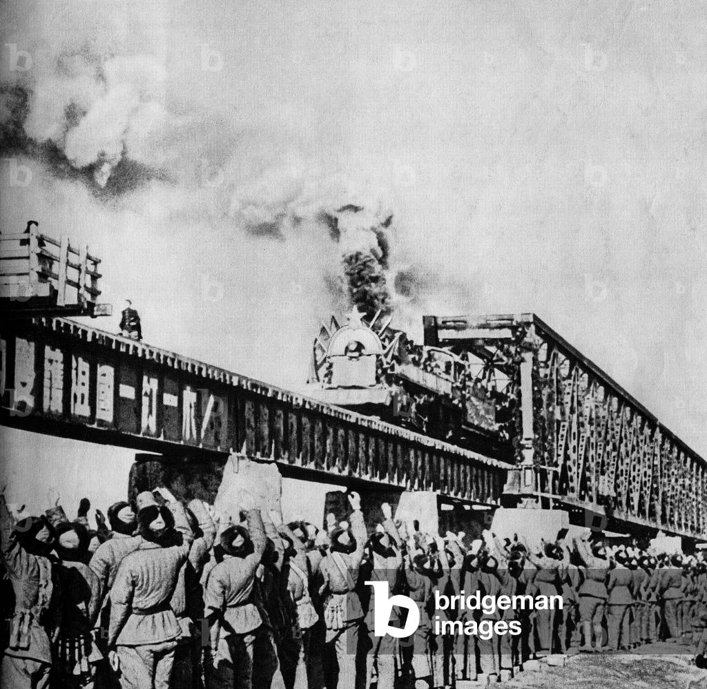 Railway connecting Pyongyang to China on the Yalu River, from 'The Korean War', 1959 (b/w photo)