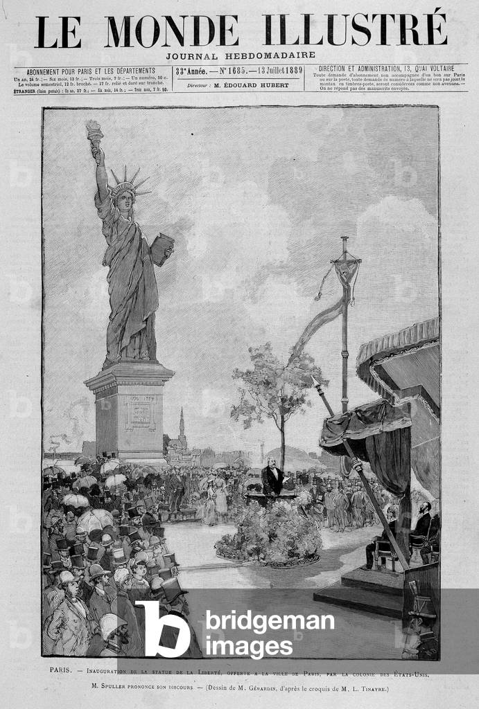 Inauguration of the Statue of Liberty in reduction (replica), offered to the City of Paris by the United States - in “” The Illustrous World”” of 13/07/1889