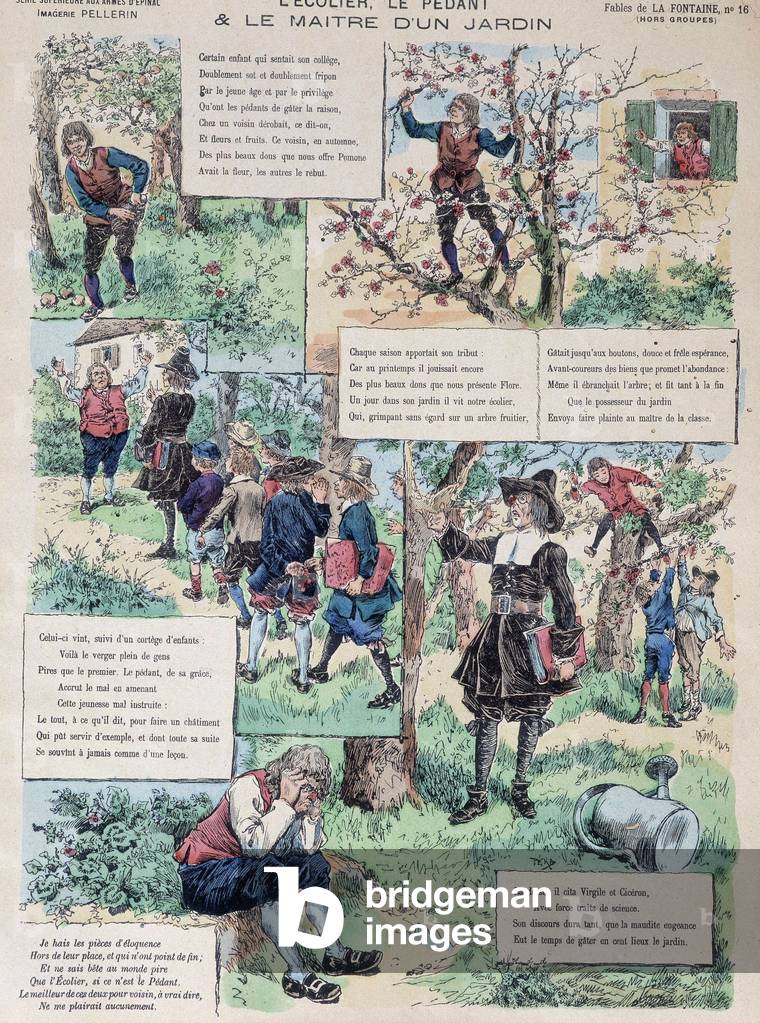 The schoolboy, the pedant and the master of a garden - Fables de La Fontaine in pictures of Epinal, 19th century