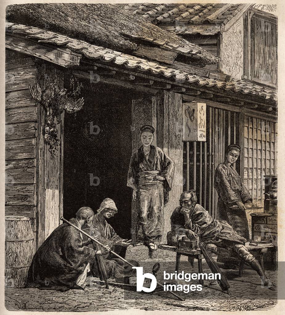The threshold of a village inn in Japan, the hostesses serve as the host for their habitual guests. Engraving to illustrate the voyage to Japan in 1863-1864, by Aime Humbert, minister of the Swiss Confederation, in “Le tour du monde, nouveau journal des voyages”, published under the direction of Edouard Charton, 1866, Paris. Selva Collection.
