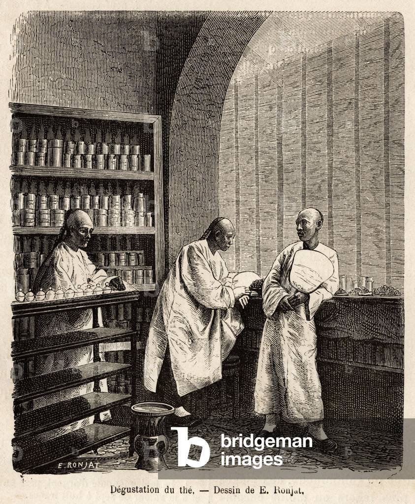 The tasting of the tea, in the tasting room of a gunpowder factory in Fati Bay (Canton province), on the shelves the boxes contain the samples of the tea, on the central table, the cups with lid specially designed for tasting by the professionals employed by the company, engraving after a drawing by J.Ferat, illustrating the voyage to China, by J. Thompson, in 1870-1872, published in “Le tour du monde”” 1875, edited by Edouard Charton, edition Hachette, Paris. Selva Collection.