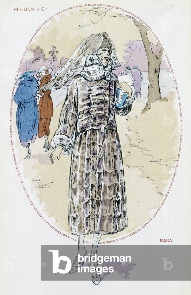 Donna che presenta un cappotto di pelliccia per Capodanno, anni Venti, disegno di Henri Causon.