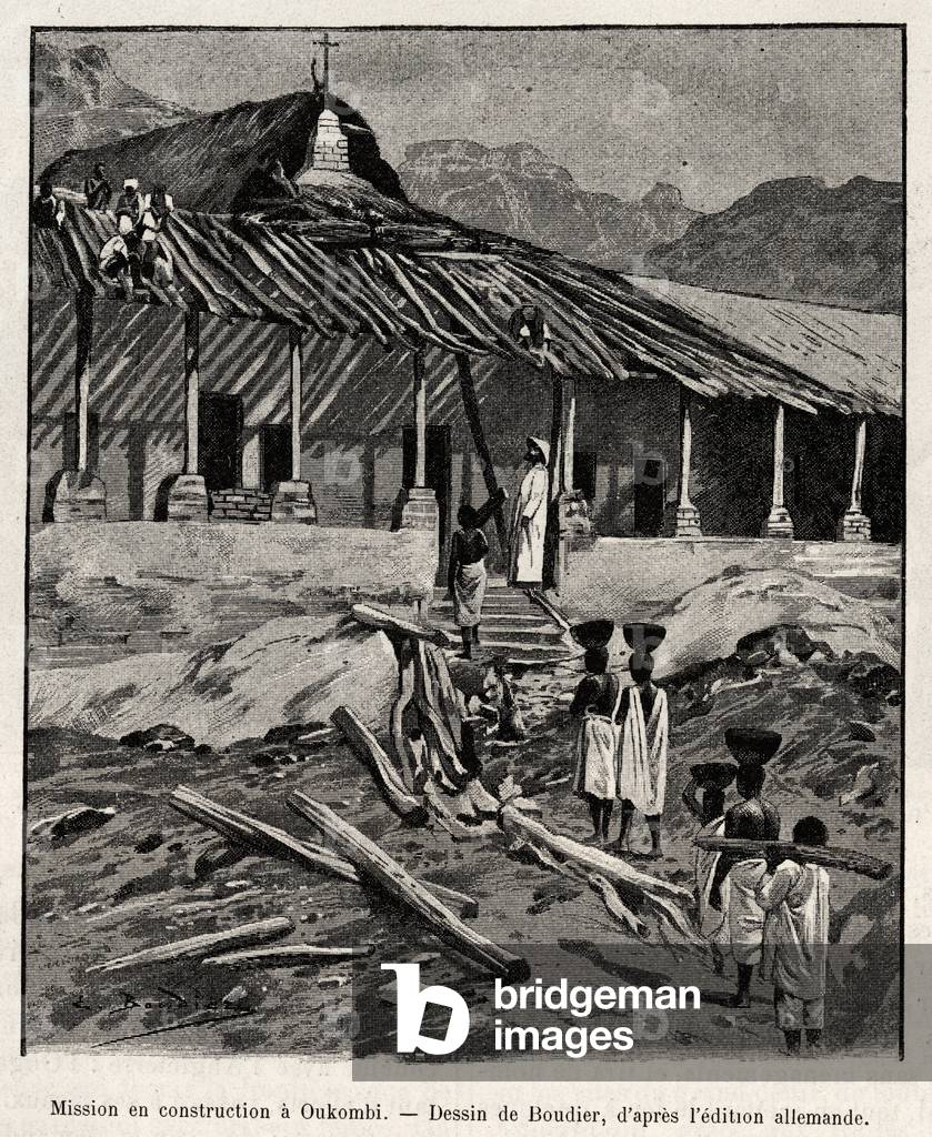 Mission under construction to Oukombi, Uganda. Engraving by Bondier to illustrate the story “” Au secours d'Emin Pacha””, by Doctor Peters (1856-1918), 1889-1890, in Le tour du Monde 1892, directed by Edouard Charton (1807-1891), Hachette, Paris.