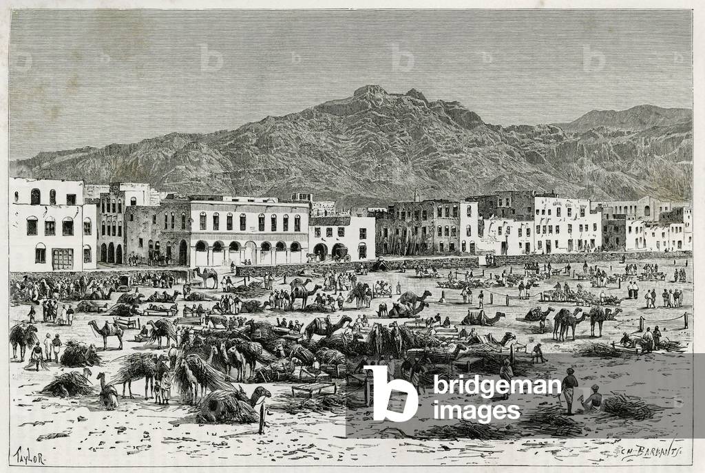 The march of Aden (Yemen). Taylor's engraving, to illustrate the story “” Journey to the Benadir, Somalis and Bayoun””, in 1882- 1883, by M.G.Revoil. Published in Le Tour du monde, nouveau journal des voyages, 1er semester 1885, edited by Edouard Charton (1807-1890), edition Hachette, Paris.