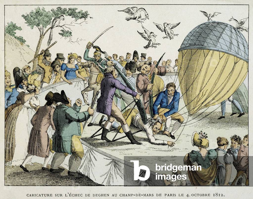 Aerostat: Cartoon on Denghen's failure at the Champs de Mars in Paris, 4 Oct. 1812.