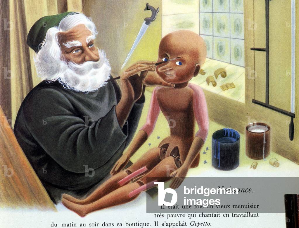 Gepetto manufactures Pinocchio - in “Pinocchio””, illustrated by Simone Baudoin, ed. CastermanAttention: RIGHTS RESERVES