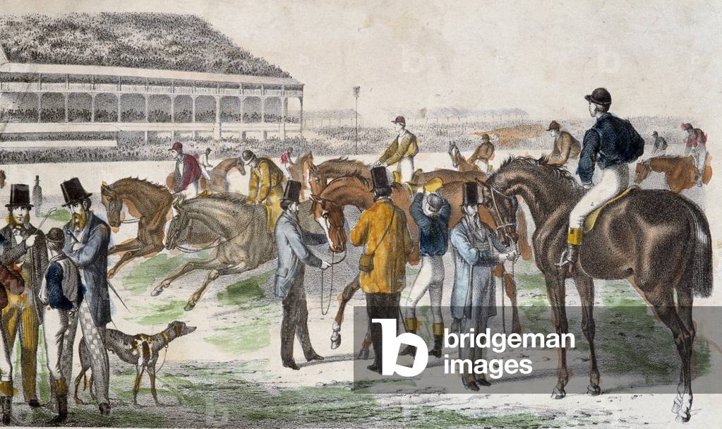 Jockeys and their horses before the race - engraving, c. 1850