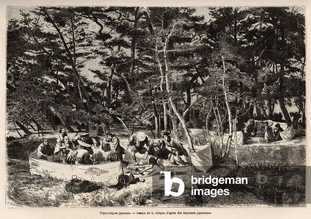 A bourgeois picnic (or picnic) in the suburbs of Edo (present-day Tokyo), inside a fabric enclosure, guests, usually two families) share their meal and often suitable for the occasion for musicians, dancers and pantomimes. Engraving to illustrate the voyage to Japan, by Aime Humbert, minister of the Swiss Confederation, in 1863-1864, published in “” Le tour du monde””” 1869, edited by Edouard Charton, edition Hachette, Paris. Selva Collection.