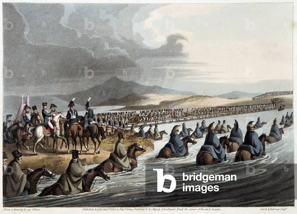 Traversee du Niemen (Neman, Nieman) in “” Historical, military and naval anecdotes and incidents that arrived at the arms of Great Britain and their allies, ending in Waterloo”” by Edward Orme. Ill. by Fry, Sutherland, Clark, Dubourg, W.Heart, JA, Atkinson... Ed. 1819, London.