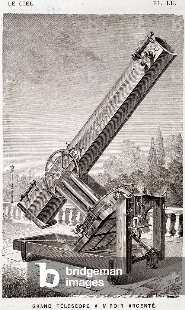 Large silver mirror telescope (Léon Foucault system), equatorially mounted for the Marseille Observatory - in “” Le Ciel” by Amédée Guillemin, Hachette, Paris, 1877