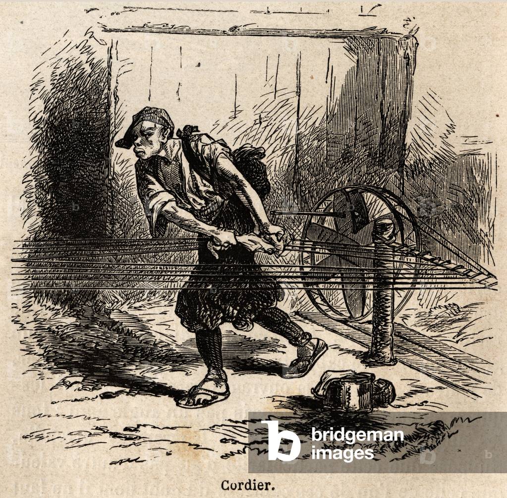 The rope maker. Engraving to illustrate the voyage to Japan in 1863-1864, by Aime Humbert, minister of the Swiss Confederation, in “Le tour du monde, nouveau journal des voyages”, published under the direction of Edouard Charton, 1866, Paris. Selva Collection.