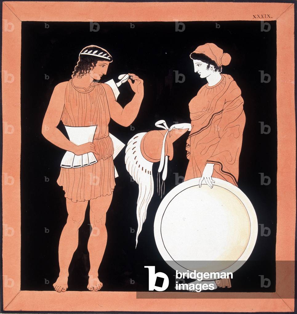 Greek mythology: Andromaque presents the weapons to her husband.