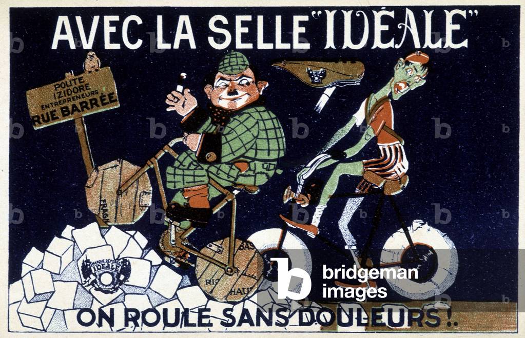 Comedy drawing of two cyclists for the advertisement of the saddles 