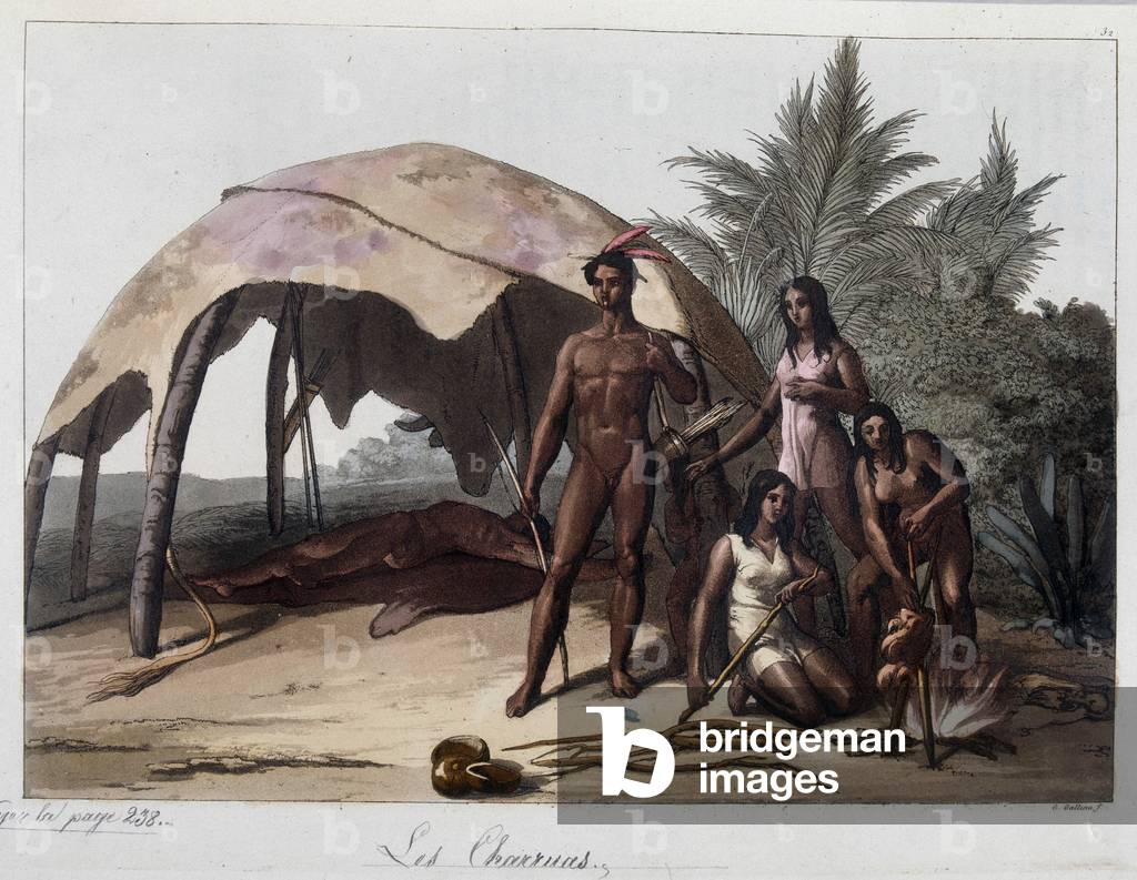 Meals at the charruas, Indians of Paraguay. In “” The Old and Modern Costume”” 1818-1820, by Ferrario.