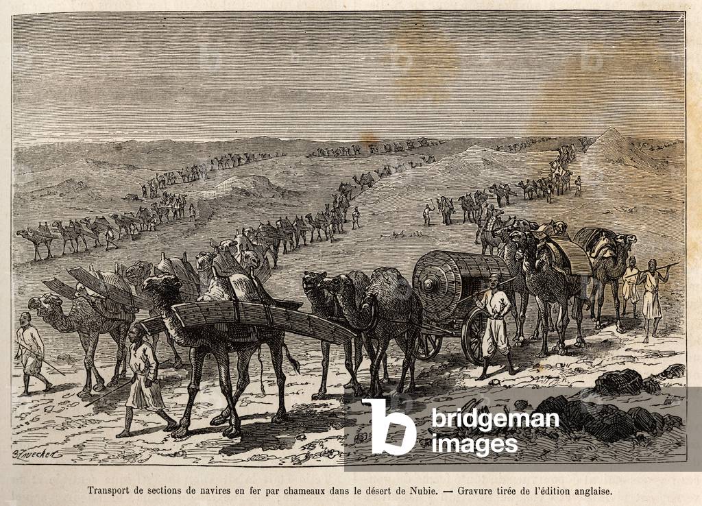 Transport of iron ship sections by camels, in the desert of Nubia (Sudan), engraving illustrating an armed expedition in Central Africa, for the suppression of the black trade, 1869 to 1873, by Sir Samuel White Baker, published in “” Le tour du monde””” 1875, edited by Edouard Charton, Hachette edition, Paris. Selva Collection.