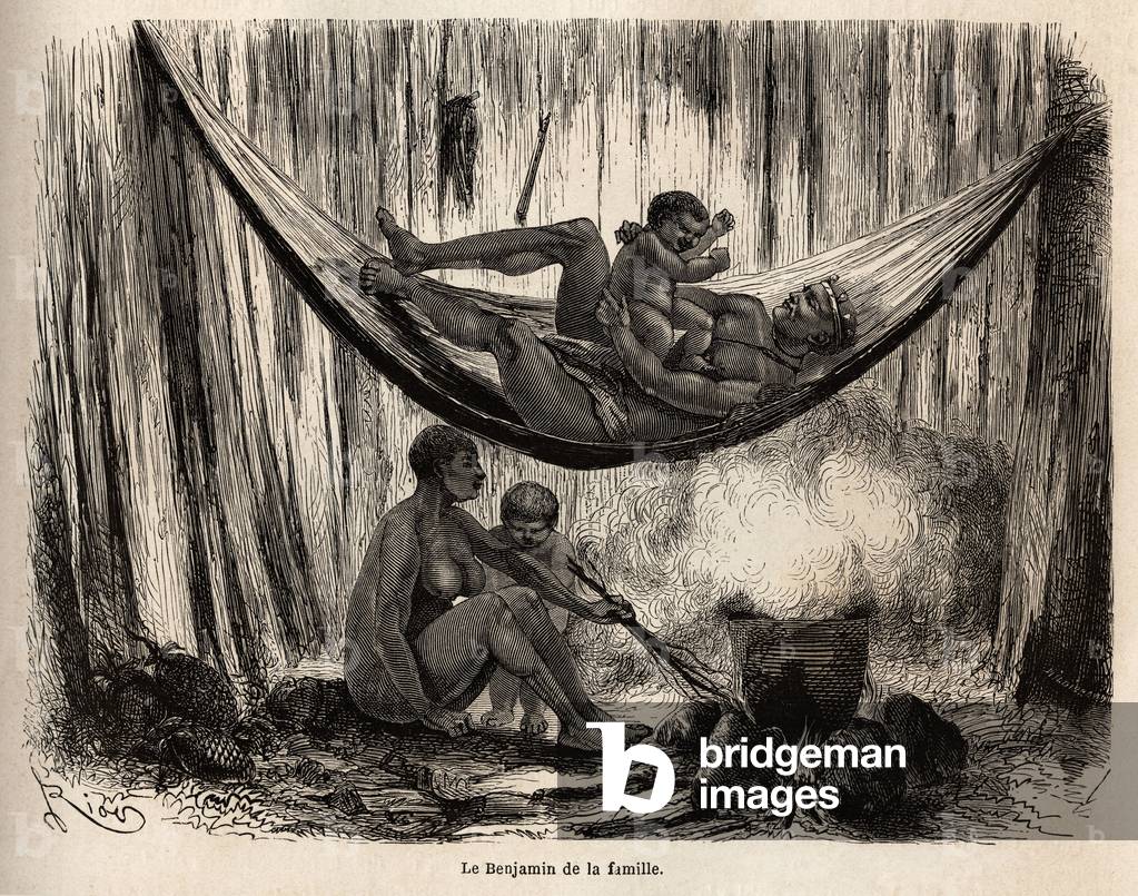 Scene of the family life of the Yahuas Indians of the mission of San Jose (Peru), the man plays with his last n in a hammock, while the wife and groin child prepare stalks of palm chambira, destined for making hammocks-nets in which the Yahuas excel. Engravure to illustrate the voyage from the Ocean Pacific to L'Ocean Atlantique, through South America, in 1848-1860 by Paul Marcoy, in “Le tour du monde, nouveau journal des voyages”, published under the direction of Edouard Charton, 1866, Paris. Selva Collection.