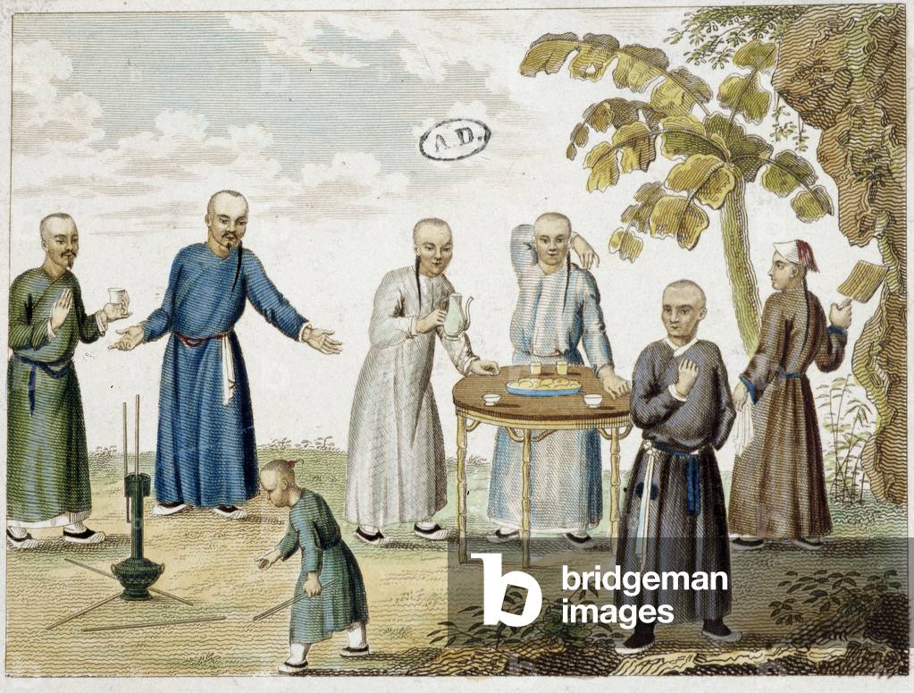 Games and men drinking tea in China - s.d, grav., 19th century