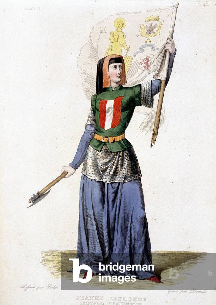Jeanne Laisné, known as Jeanne Fourquet, nicknamed Jeanne Hachette French Heroine (1456 to?). engraving of 1835