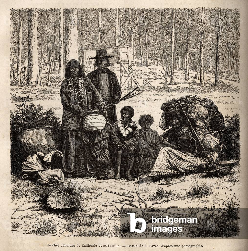 An Indian chief from California and his family, engraved after J.Lavee's drawing, illustrating the voyage from Washington to San Francisco in 1868, by L. Simonin, published in “” Le tour du monde”” 1874, edited by Edouard Charton, Hachette edition, Paris. Selva Collection.