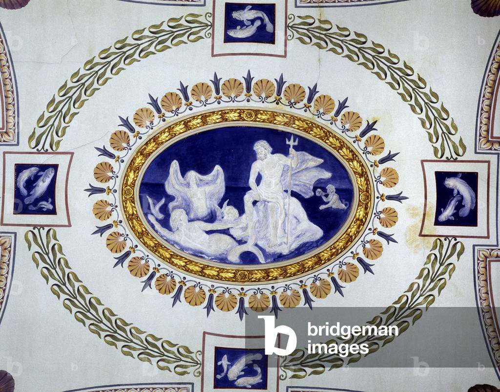 Neptune (or Poseidon), god of the sea, with his trident, speaks to the marine creature. Detail of the ceiling of the Carnoles Palace, Museum of Menton.