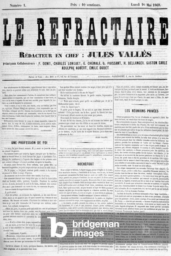 La front page of the first issue of the newspaper “” Le refractaire””, editor-in-chief: Jules Vallès, Monday, May 10, 1869.