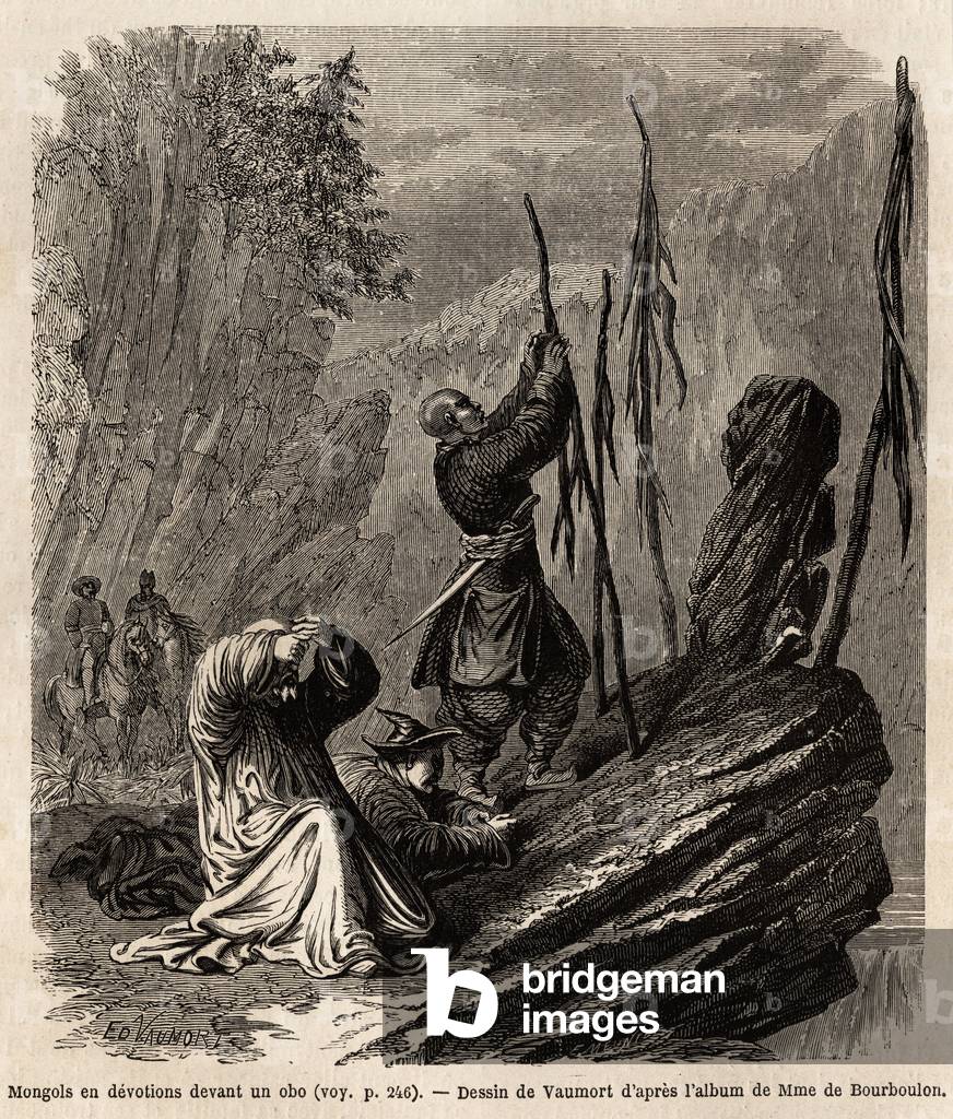 Mongols in devotion to an obo, near the Bakka and Mongolia mountains, drawing by Vaumort (? -1886) to illustrate the journey from Shanghai to Moscow, from 1859 to 1862, of M. de Bourboulon, French minister to China. Engraving in “” Le tour du monde””, edited by Edouard Charton, 1865. Selva's collection.