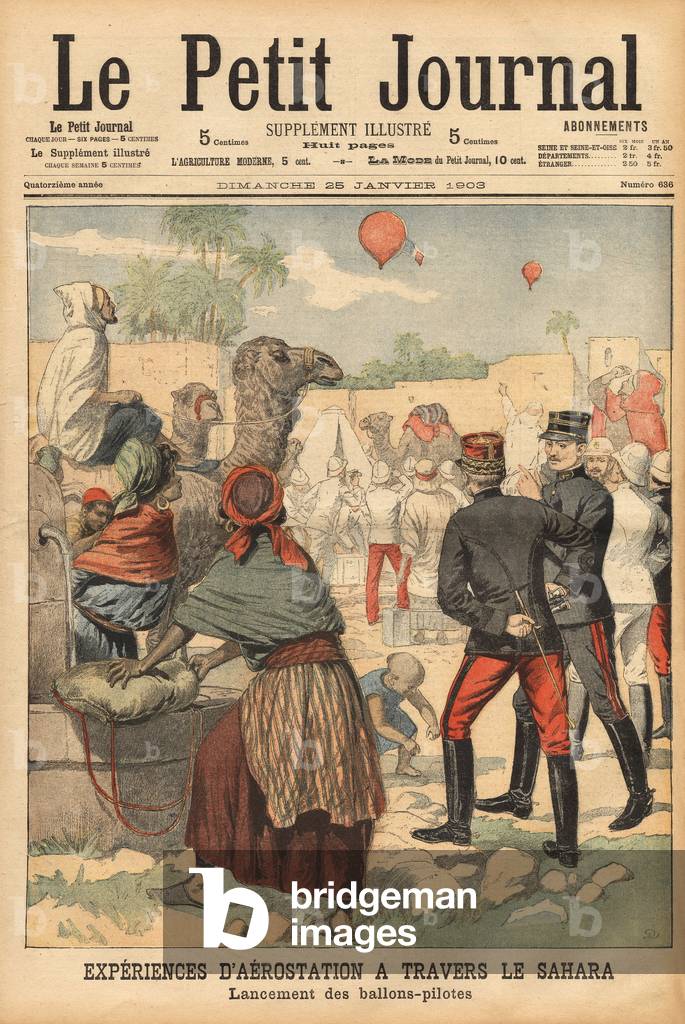 Launch of pilot aerostats near the town of Gabes, first experiments to determine the direction of desert winds, before embarking on a balloon journey over the Sahara, a scientific expedition under the direction of the Ministry of War. Engraving in 