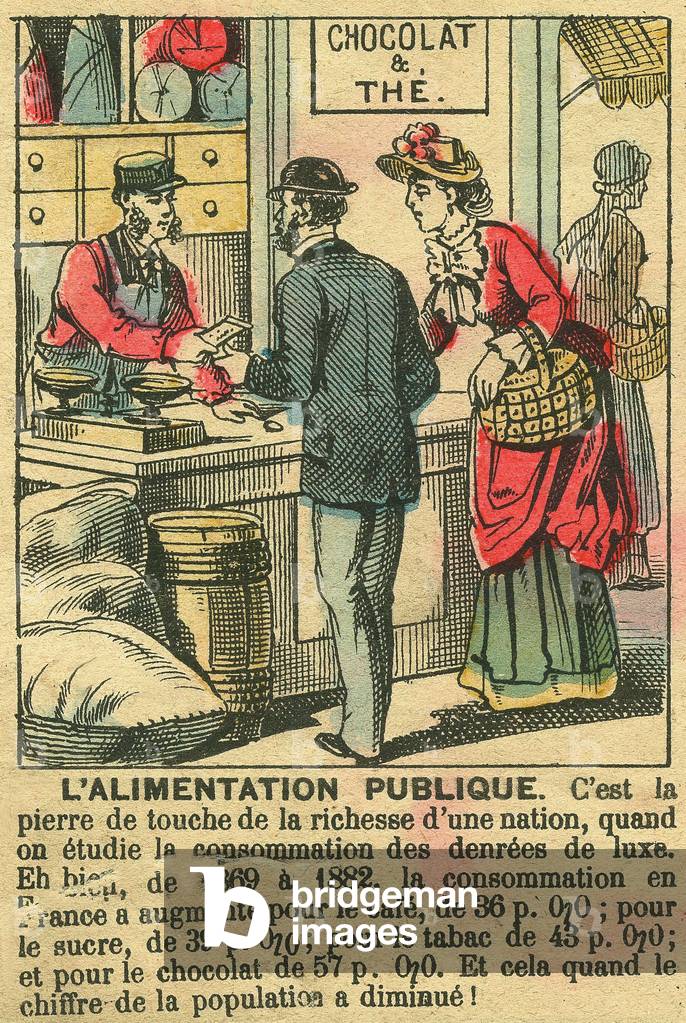 L'Alimentaion Publique, illustrating the development of French luxury food during the Third Republic, thus showing its prosperity. Engraving, in “” Le Figaro, supplement””, on 30/03/1889, Paris. Coll. Selva.