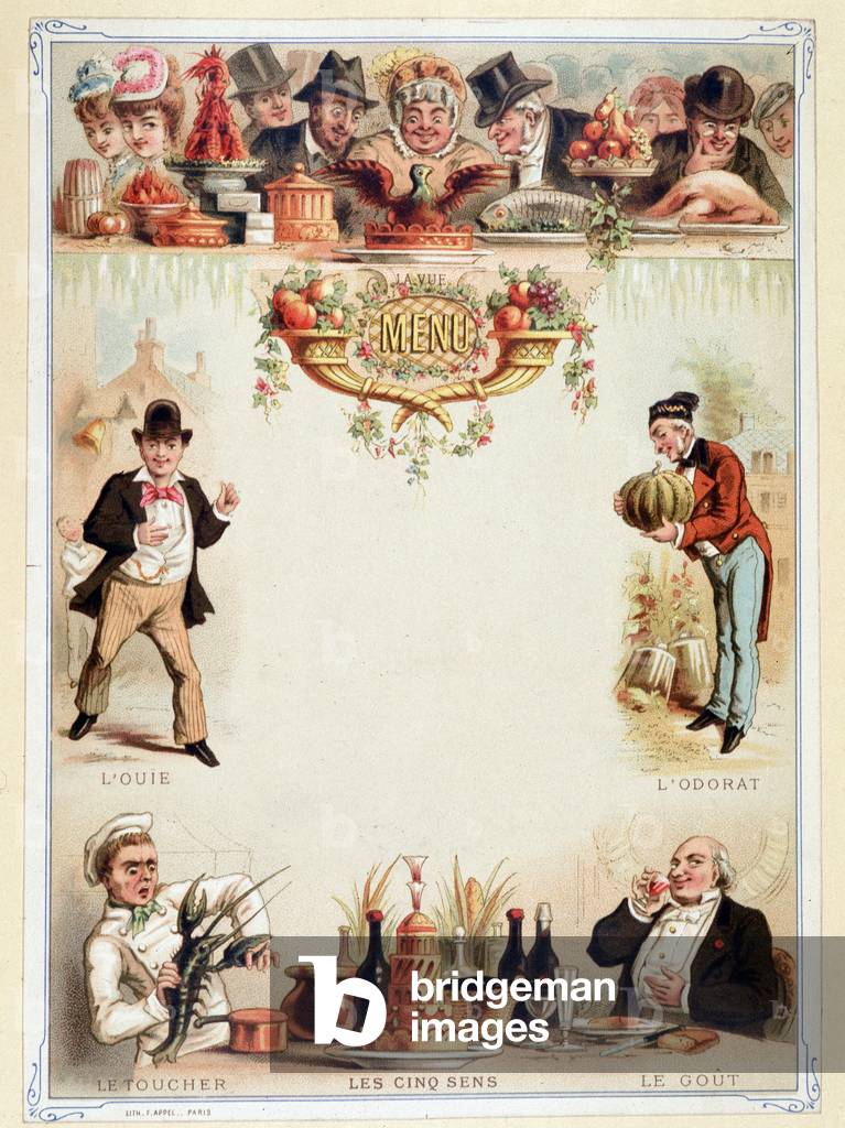 Virgin menu, illustrates the five senses - chromolithography, late 19th century