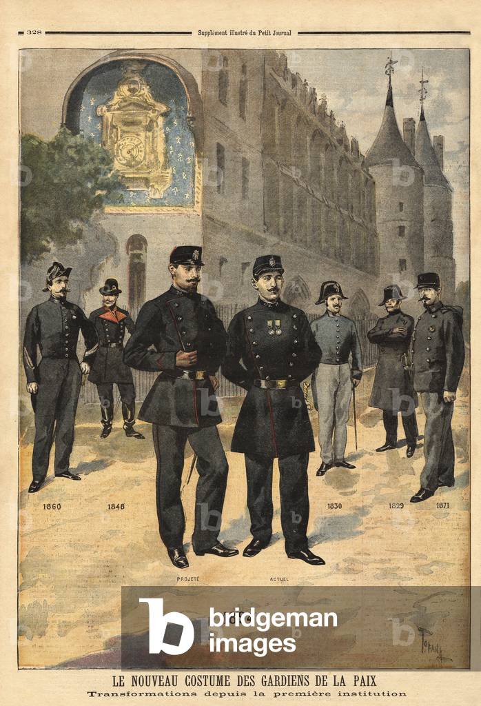 Evolution of uniforms of peacekeepers (or city sergeants) from 1860 to 1894, in front of the clock tower of the Concierge, Paris. Engraving in “” Le petit journal”” 09/1894. Selva's collection.