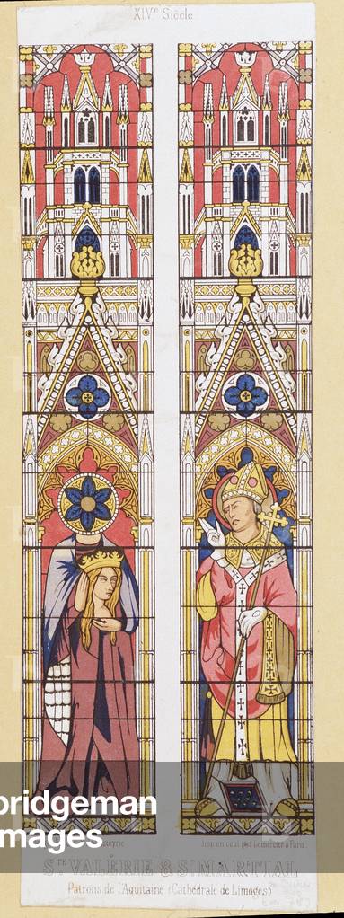 Saint Valerie, virgin and martyr in Limoges (3rd century) and Saint Martial, eveque of Limoges (3rd century), patrons of Aquitaine. Fac simile reproducing the stained glass windows of the Cathedrale de Limoges.
