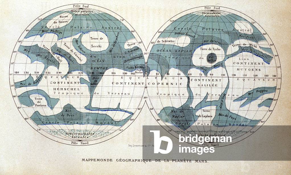 Map of the Planet Mars - in “” Popular Astronomy”” by Camille Flammarion, ed. Marpon & Flammarion, 1884