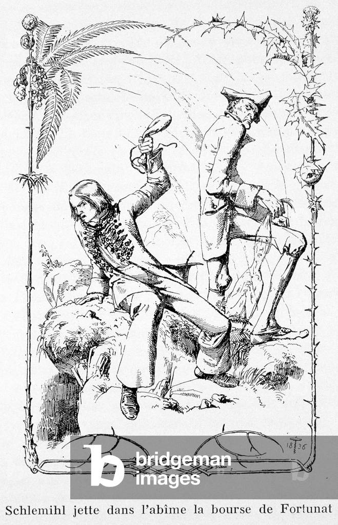 Schlemihl throws Fortunat's purse into the abyss - in “The wonderful story of Pierre Schlemihl” by Aldebert Von Chamisso, 1836